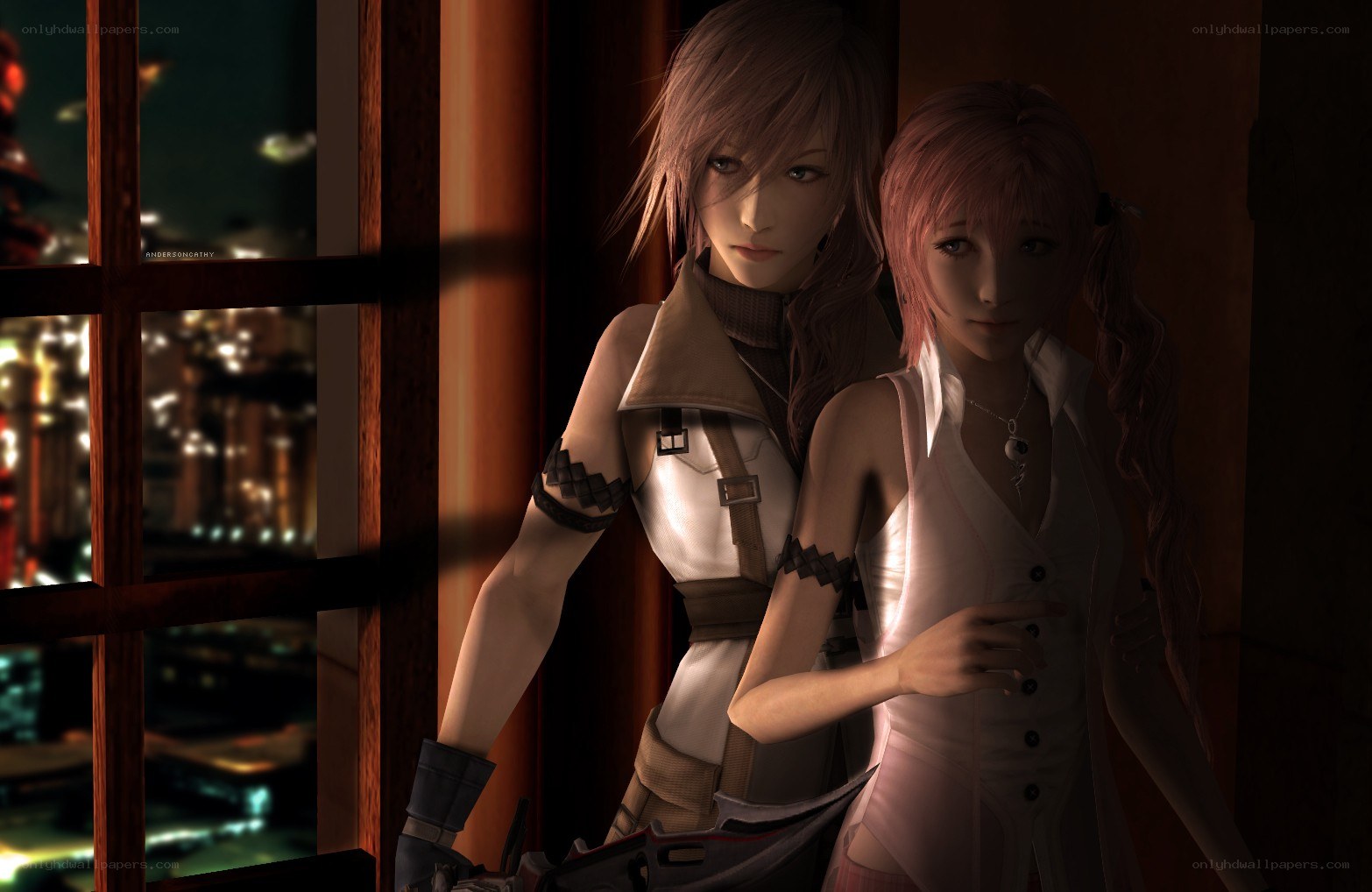 Two characters by a window at night