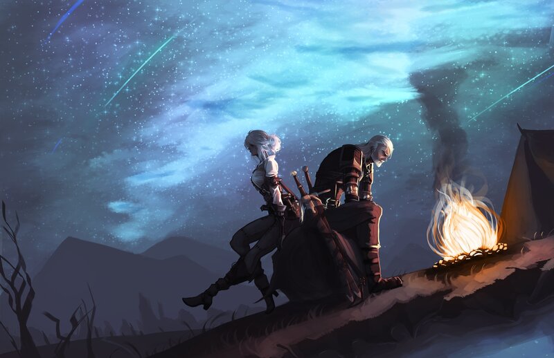 Two Characters by Campfire — Blue