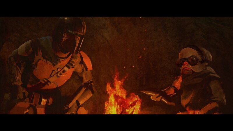 Two Characters by Fire — Orange, Dramatic