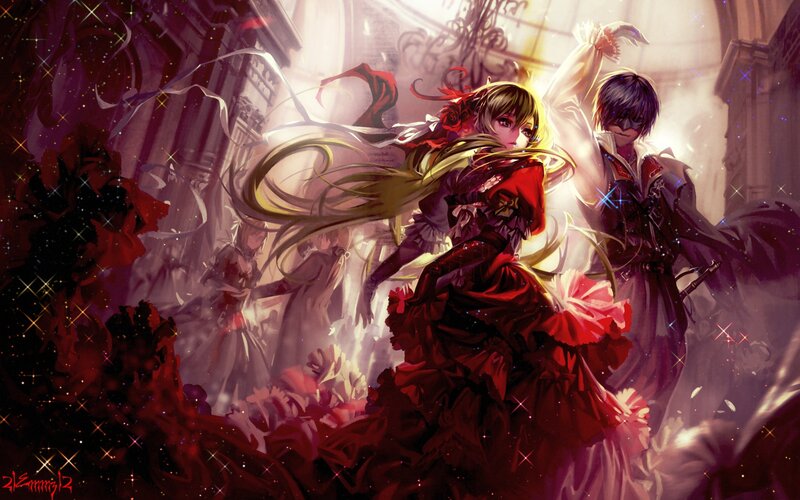 Two Characters Dancing — Red, Dramatic, Digital Art, Ribbons