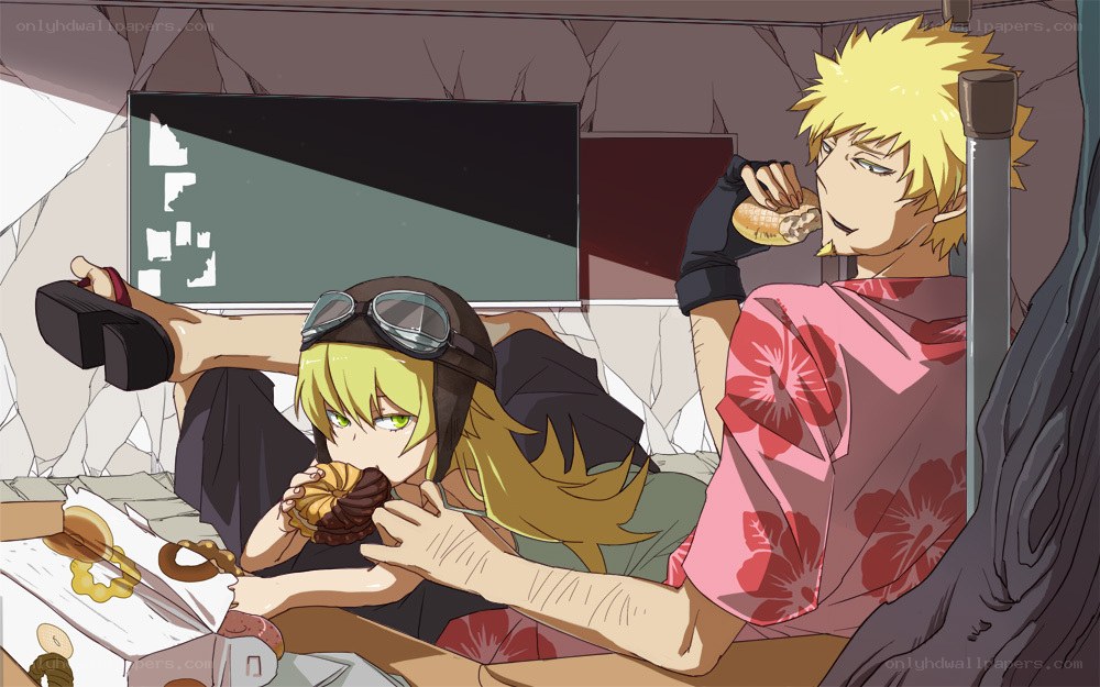 Two characters eating donuts
