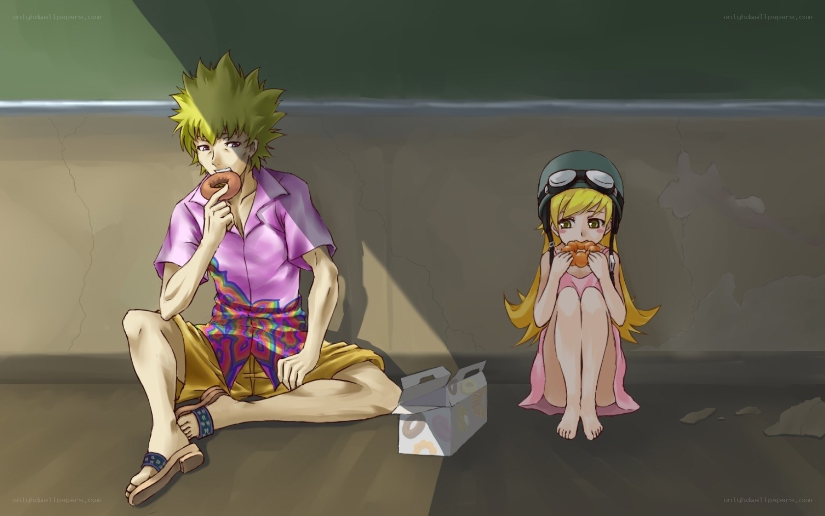 Two characters eating donuts