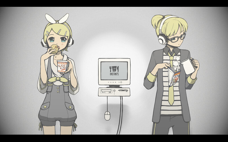Two characters eating instant noodles