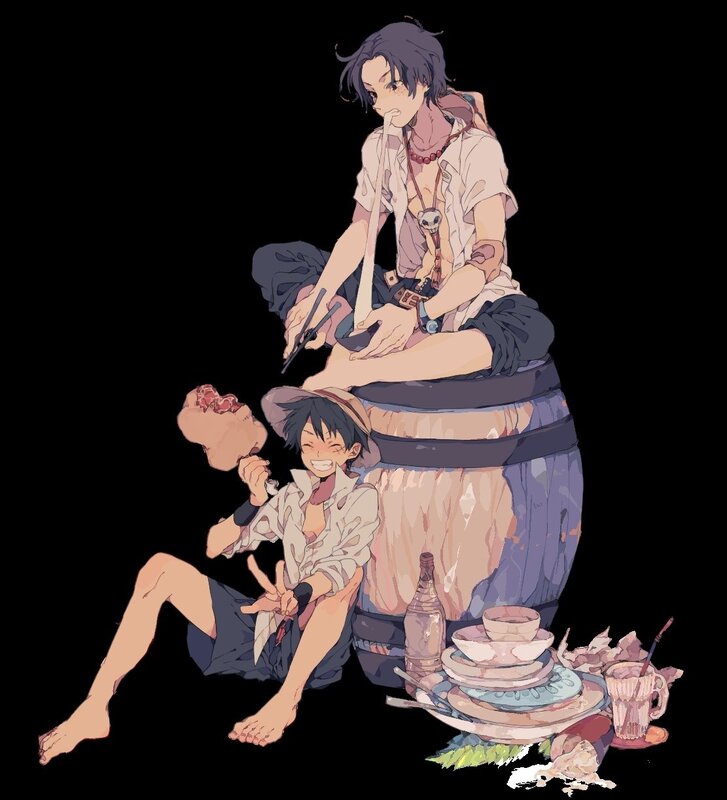 Two characters eating on a barrel