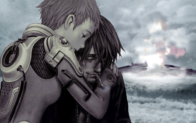 Two characters embrace in a storm