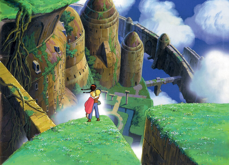 Two characters embrace on a cliff