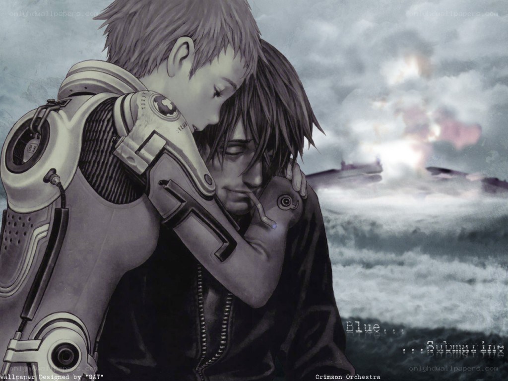 Two characters embrace on a stormy sea
