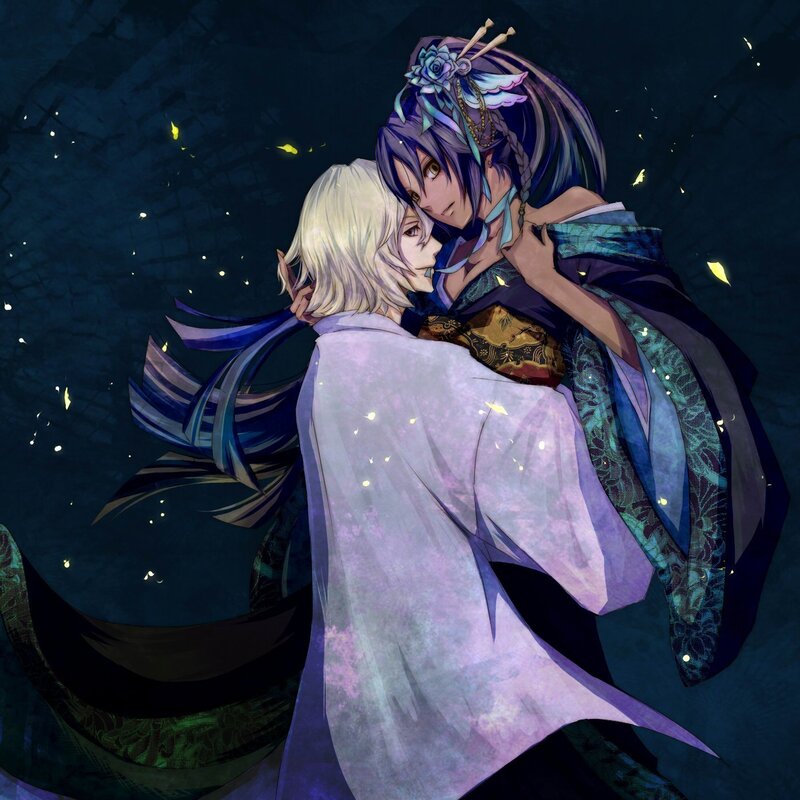 Two characters embracing at night