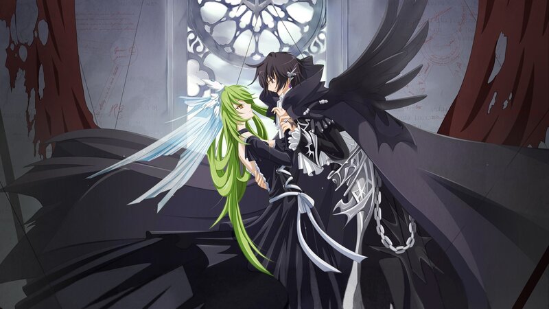 Two Characters Embracing — Black, Dramatic, Anime, Wings, Cathedral Window