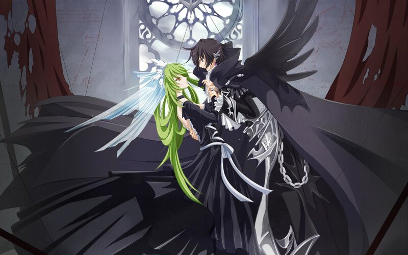 Two Characters Embracing — Black, Dramatic, Anime, Wings