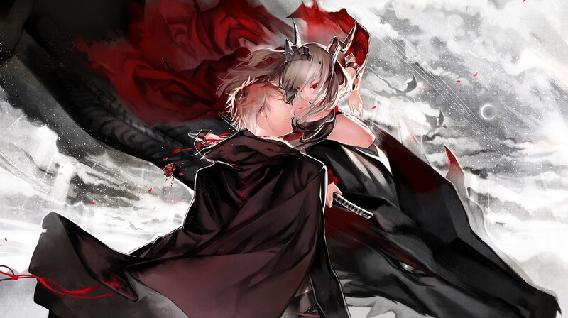 Two Characters Embracing — Black, Dramatic, Digital Art, Sword