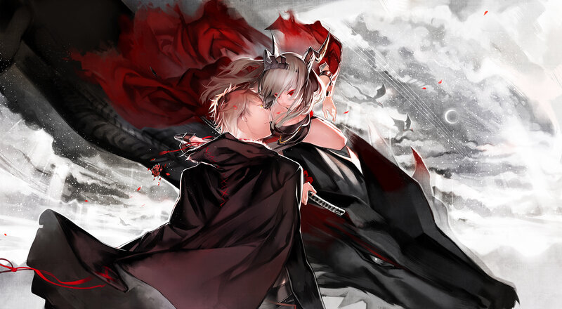 Two Characters Embracing — Black, Dramatic, Digital Art
