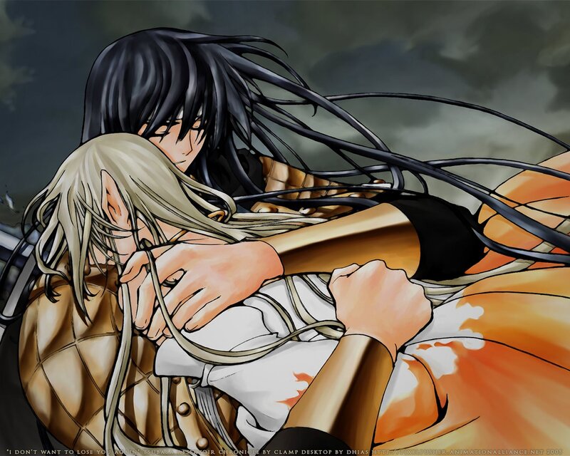Two Characters Embracing — Black, Dramatic, Manga, Anime Art, Long Hair, Clothing