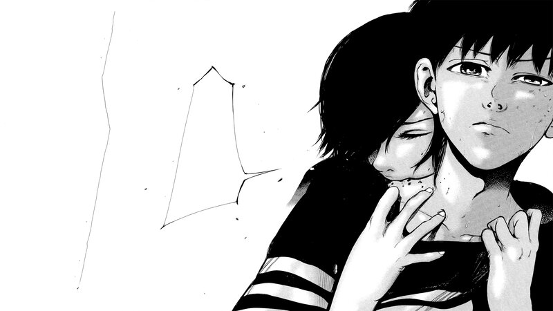 Two Characters Embracing — Black, Dramatic, Manga, Manga Panel