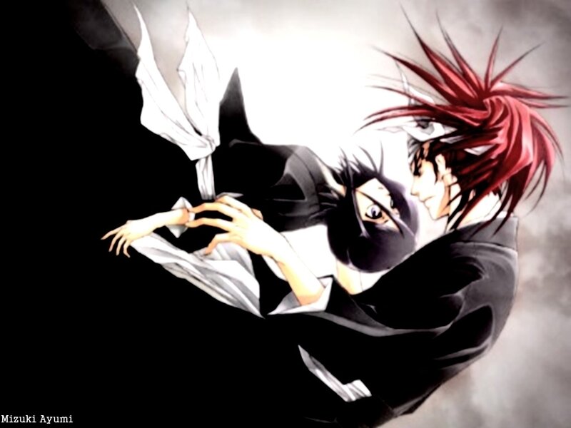 Two Characters Embracing — Black, Dramatic, Manga, Red Hair