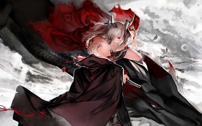 Two Characters Embracing — Black, Dramatic, Night, Digital Art, Sword
