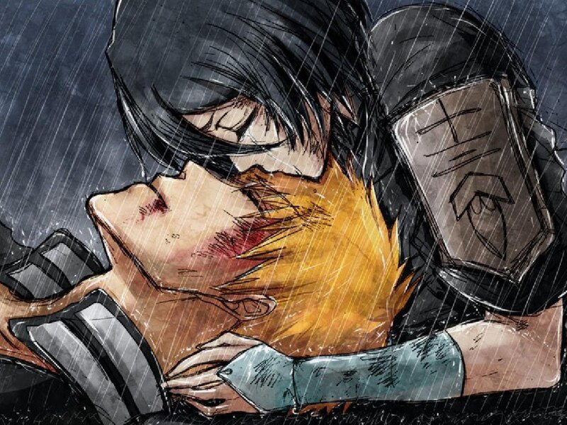 Two Characters Embracing — Black, Dramatic, Night, Manga, Rain