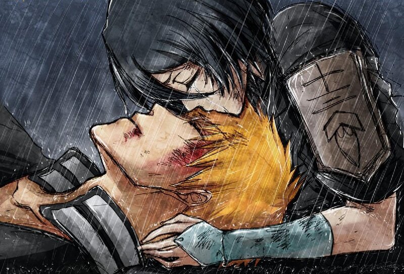 Two Characters Embracing — Black, Dramatic, Night, Manga