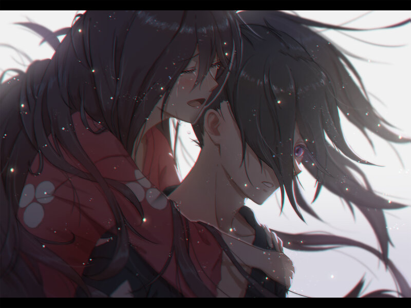 Two Characters Embracing — Black, Intimate, Anime