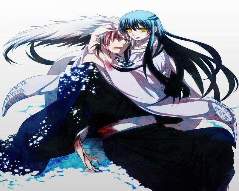 Two Characters Embracing — Blue, Dramatic, Anime, Blood