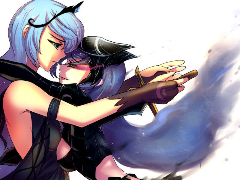 Two Characters Embracing — Blue, Dramatic, Digital Art, Sword