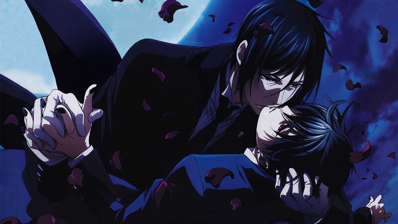Two Characters Embracing — Blue, Dramatic, Night, Anime, Rose Petals