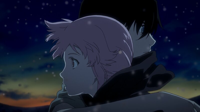Two Characters Embracing — Blue, Dramatic, Night, Anime, Snow