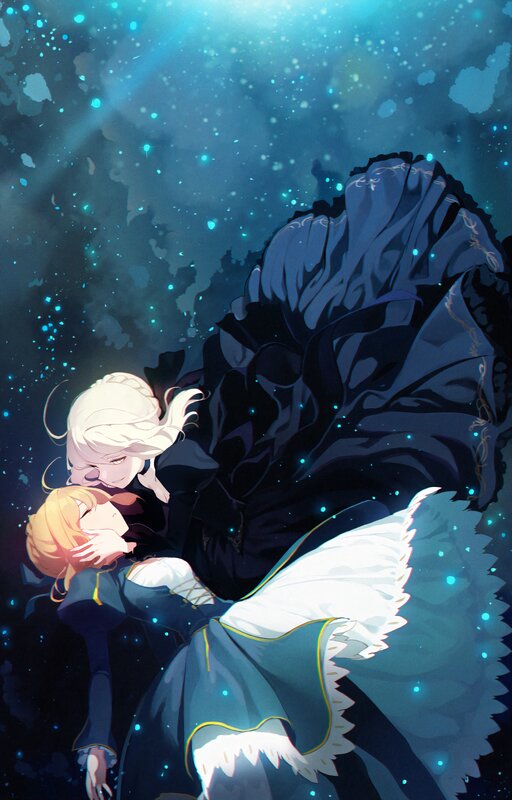 Two Characters Embracing — Blue, Dramatic, Night, Anime, Sparkling Particles