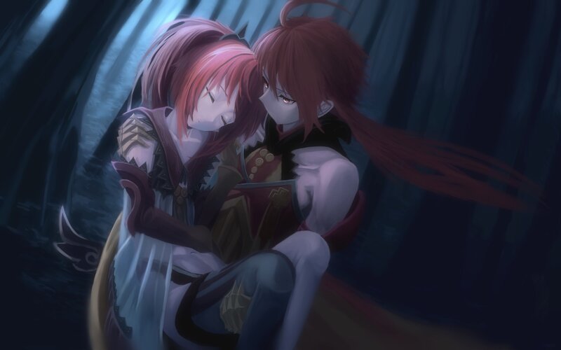 Two Characters Embracing — Blue, Dramatic, Night, Digital Art, Anime Art, Dark Background