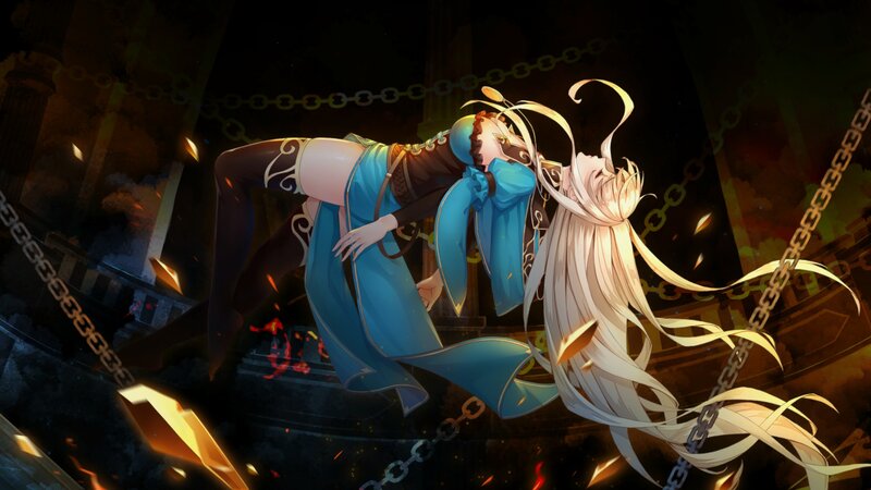Two Characters Embracing — Blue, Dramatic, Night, Digital Art, Chains