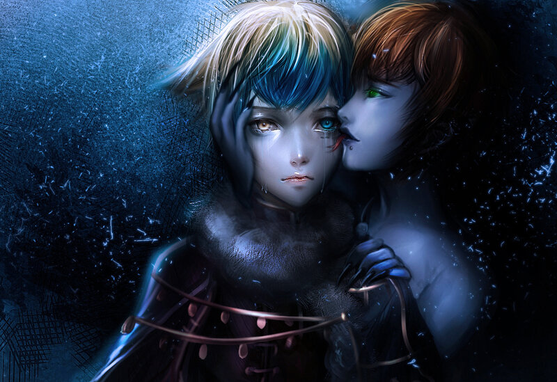 Two Characters Embracing — Blue, Dramatic, Night, Digital Art