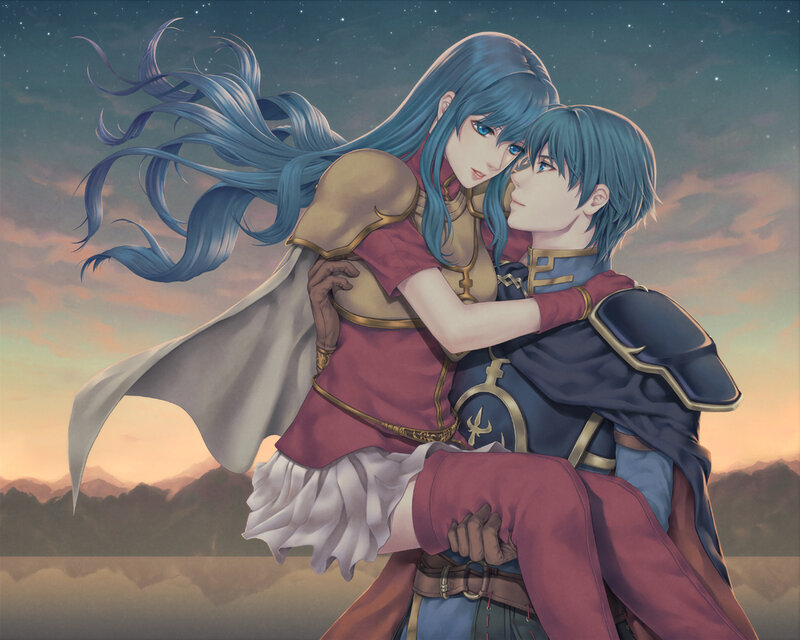 Two Characters Embracing — Blue, Dramatic, Sunset