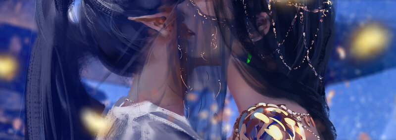 Two Characters Embracing — Blue, Dreamy, Night