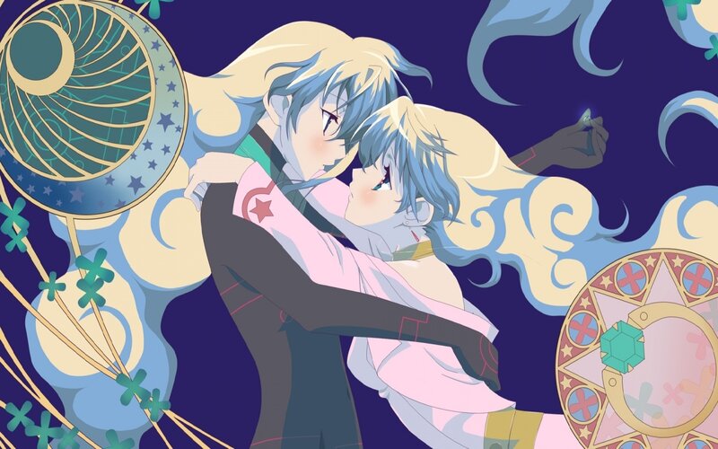 Two Characters Embracing — Blue, Dreamy