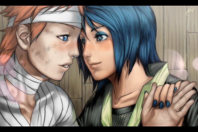 Two Characters Embracing — Blue, Intimate, Digital Art