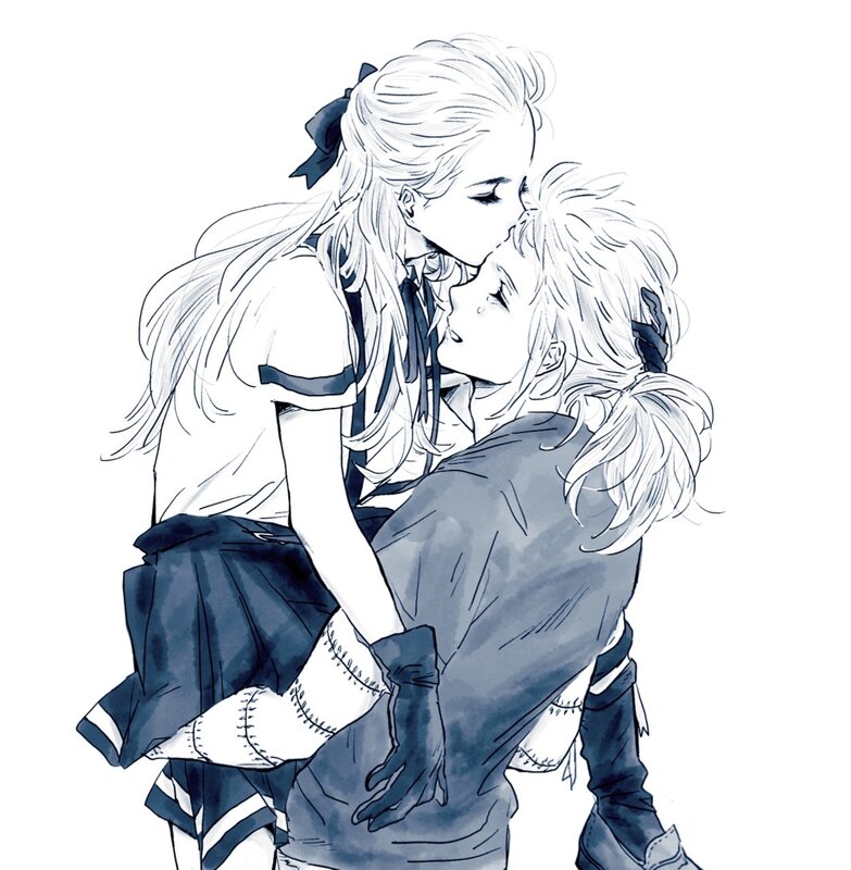 Two Characters Embracing — Blue, Intimate, Manga