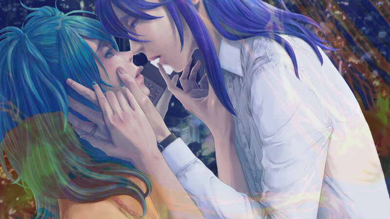 Two Characters Embracing — Blue, Intimate, Night