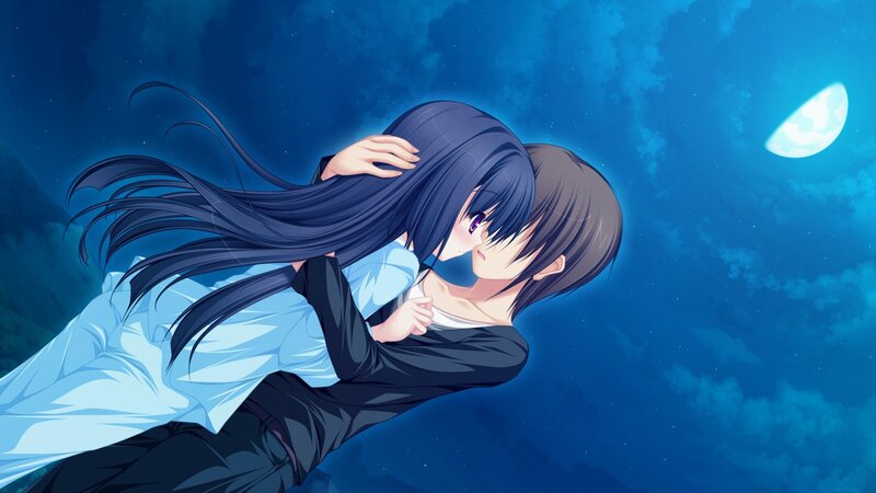 Two Characters Embracing — Blue, Serene, Night, Anime