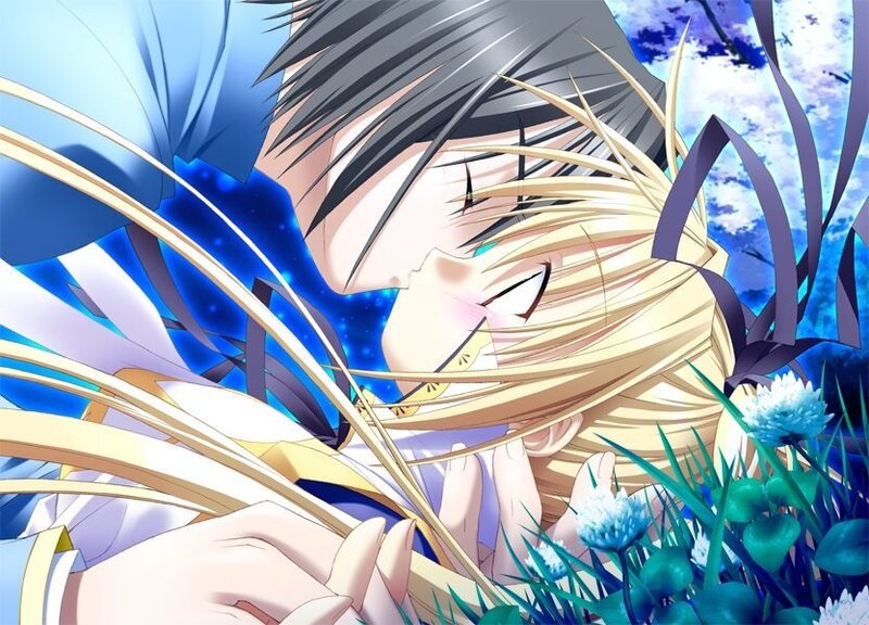 Two Characters Embracing — Blue, Serene, Spring