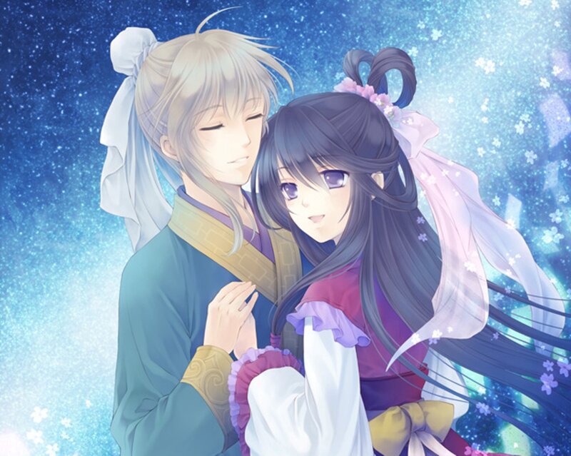 Two Characters Embracing — Blue, Serene