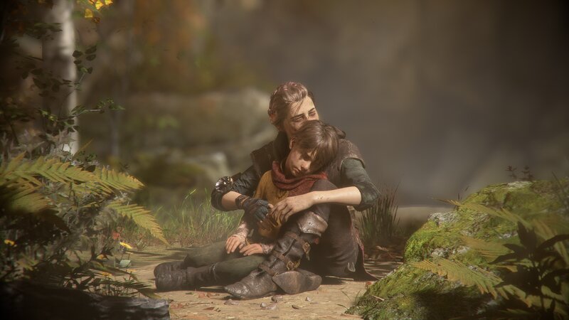 Two Characters Embracing — Brown, Somber