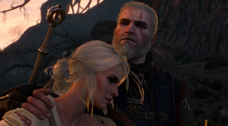 Two Characters Embracing — Gray, Dramatic, Sunset