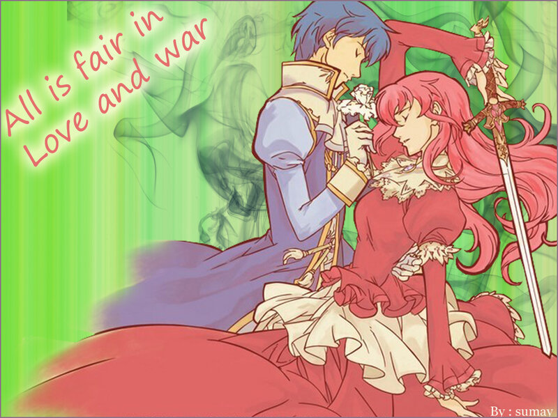 Two Characters Embracing — Green, Dramatic, Anime, Sword