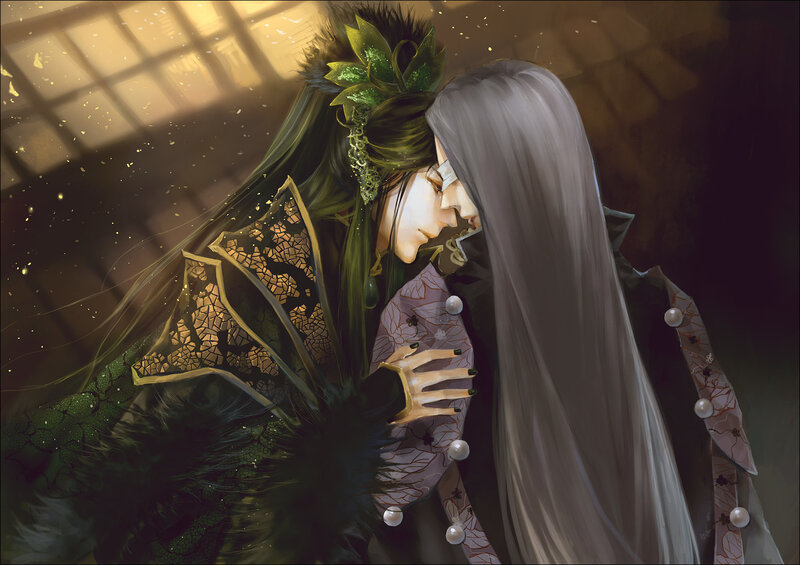Two Characters Embracing — Green, Dramatic