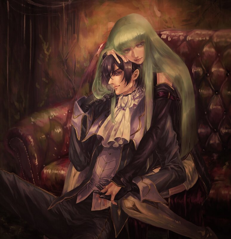 Two Characters Embracing — Green, Intimate