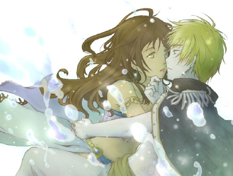 Two Characters Embracing — Green, Romantic, Anime