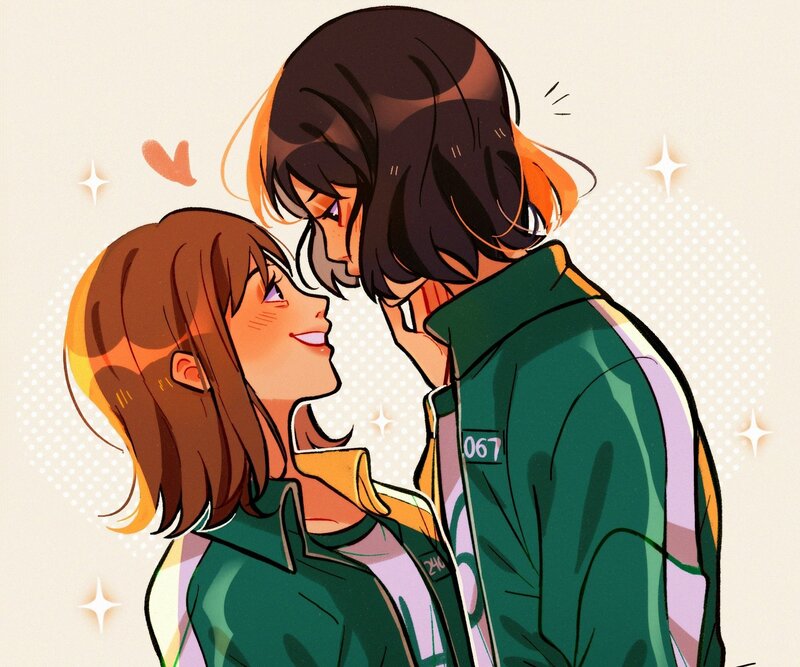 Two Characters Embracing — Green, Romantic, Digital Art