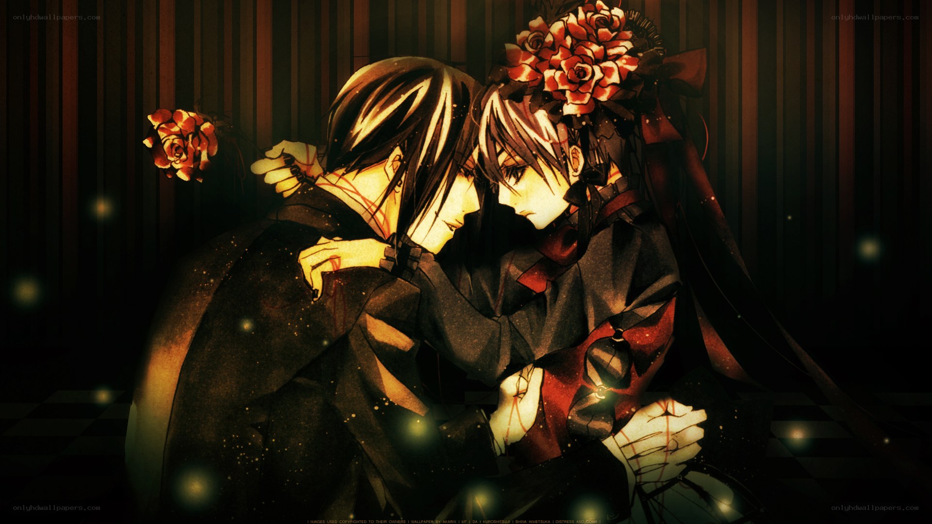 Two characters embracing in a dark room