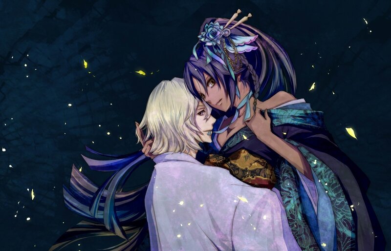 Two characters embracing in a dark scene