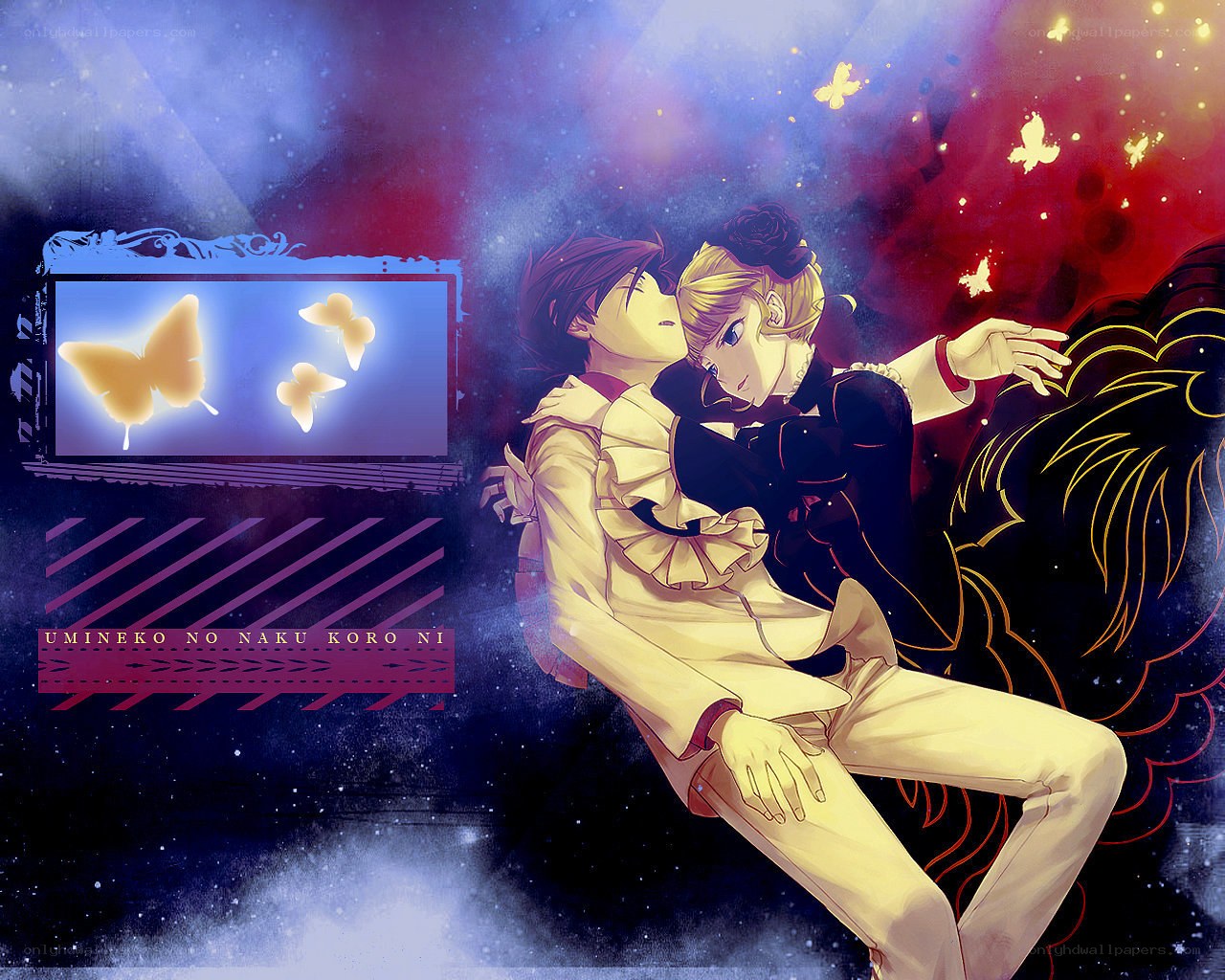 Two characters embracing in a dreamlike scene